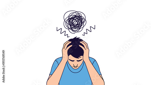 Stressed man suffering from a headache or mental pressure is illustrated with a dark scribble above his head on white background.