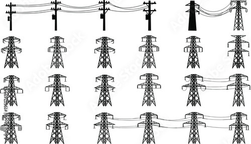 Set of electricity transmission towers and power line silhouettes on white background, high voltage electric pylon and distribution utility poles.