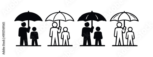 Parent Protecting Child with Umbrella Icon Set