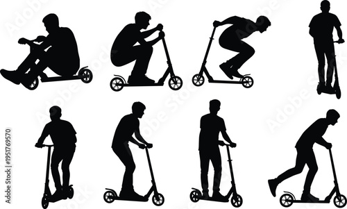 Scooter rider silhouettes set, people riding kick scooters in different poses