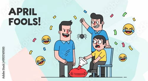 Men pranking coworker with fake spider on april fools' day laughing and having fun