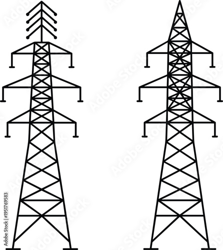 High voltage electric transmission power line towers set isolated on white background for industrial energy supply and electricity distribution network