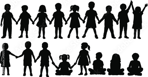 Children silhouettes holding hands and sitting set isolated on white background, kids group figures collection for childhood, friendship, education and diversity concept