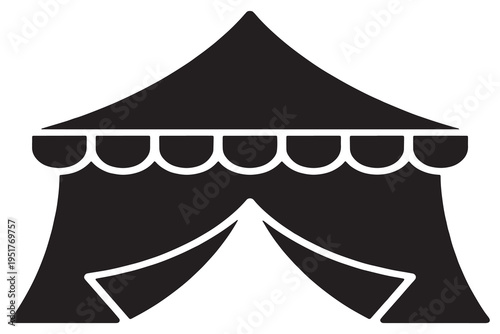 A black and white illustration of a circus tent on a plain background