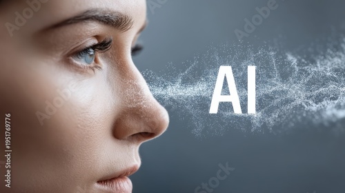 Woman's face with digital AI overlay representing artificial intelligence technology and future innovations in data processing