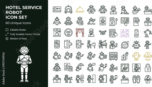 Hotel service robot icon set with smart hospitality assistant automation technology symbols for mobile apps websites dashboards and digital platforms