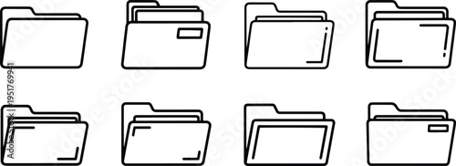 A set of vector line art silhouettes of file folders in various states of being open or closed