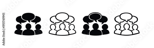 Group Chat and Communication Icon Set, People with Speech Bubbles Symbol, Team Discussion Pictogram Collection