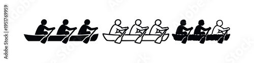 Team Rowing Icon Set, People in a Boat with Oars Symbol, Synchronized Effort Pictogram Collection