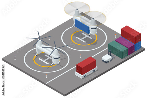 Isometric logistics heavy cargo drones on helipad near stacked containers and ground transport vehicles. Automated freight hub, industrial air delivery, warehouse supply chain, cargo handling