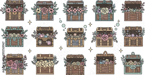 Vintage wooden treasure chest vector collection featuring open trunks overflowing with colorful blooming flowers and decorative botanical elements for romantic or whimsical designs.