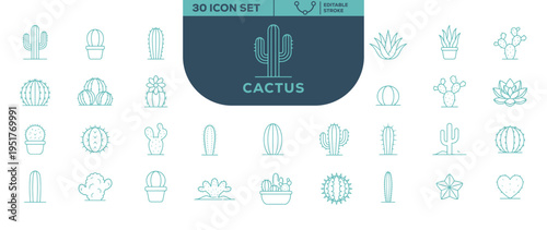 Cactus Line Icons Set – Desert Plants and Succulent Vector Icon Collection