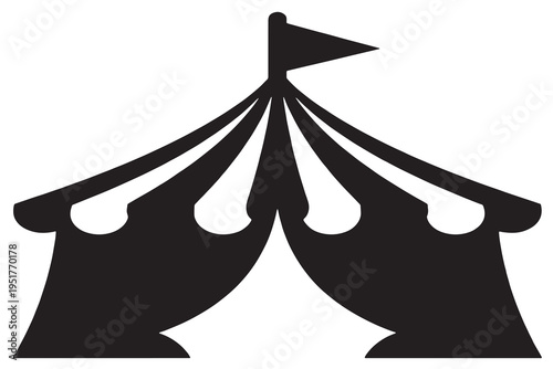 A black silhouette of a circus tent on a white background