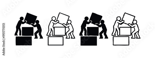 Teamwork icon set with people stacking boxes or blocks together, representing collaboration and organization