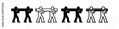 Teamwork icon set with people carrying a beam together, symbolizing collaboration and shared effort