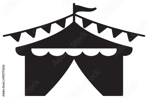 A black silhouette of a circus tent with a flag and bunting on a white background