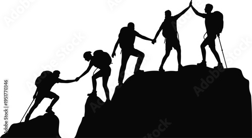 Silhouette of hikers helping each other climb mountain peak, teamwork and adventure concept with backpackers trekking together isolated on white background