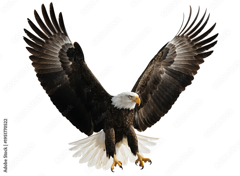 Fototapeta premium Bald eagle in flight with wings spread wide showing white head and dark brown feathers isolated on white background