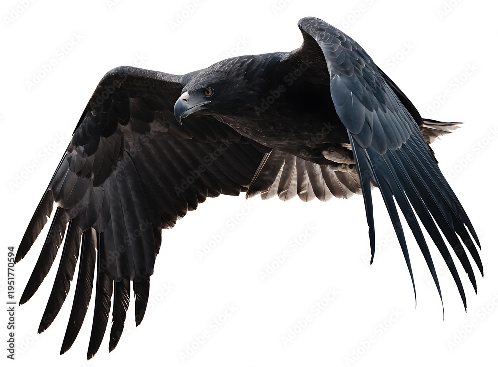 Obraz premium Large black eagle flying with wings outstretched showing dark plumage and sharp beak isolated on a plain white background