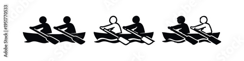 Rowing boat with two people icons, Team rowing sport vector set, Partnership and effort in a boat symbol.
