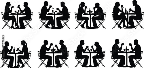 Couple dining silhouettes set, romantic dinner scenes in restaurant, people eating and drinking together, relationship lifestyle vector illustration collection