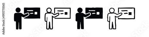 Person presenting at whiteboard icons, Business meeting and teaching symbols, Educational presentation vector set.