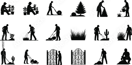 Gardening silhouettes collection, landscaper working with plants trees and tools, outdoor yard maintenance activities, garden care vector illustration set