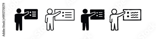 Presentation and Training Icon Set. People Presenting or Explaining on Whiteboard in Various Styles.
