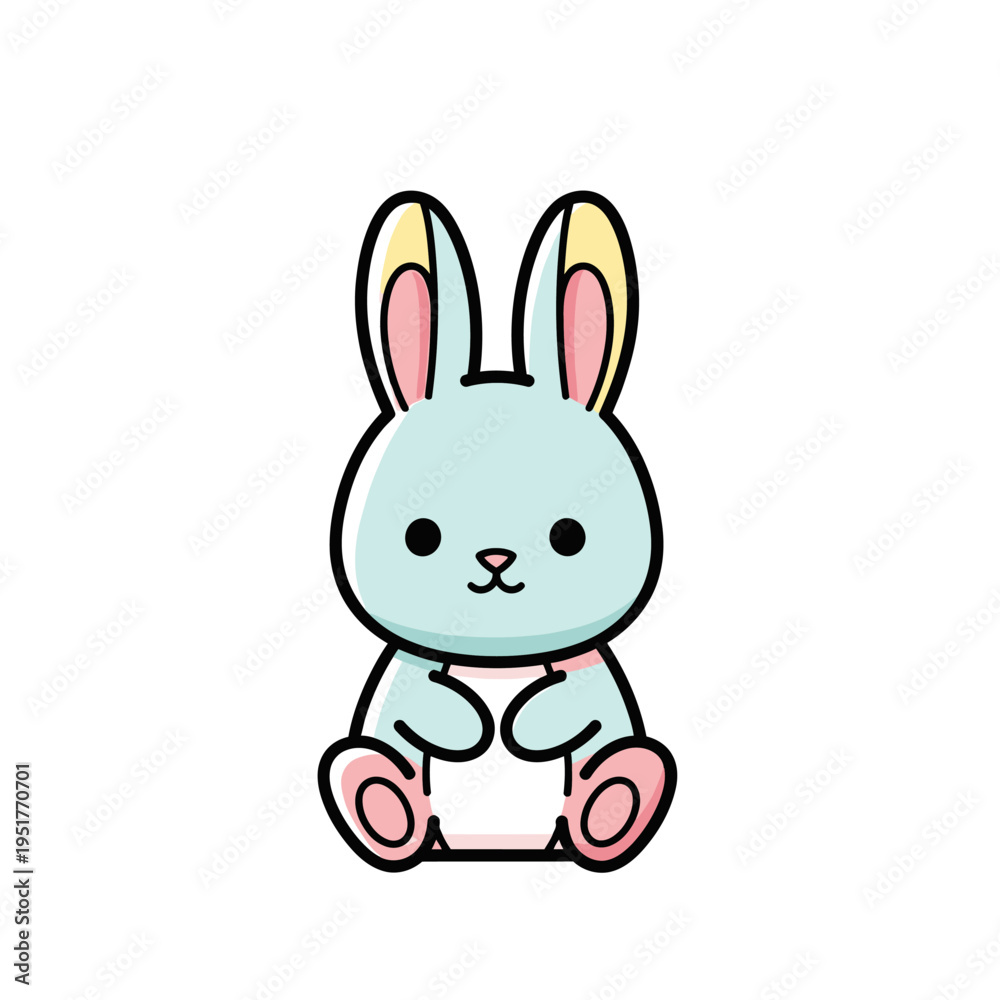 Fototapeta premium Cute blue cartoon bunny rabbit with pink ears and paws, simple illustration, isolated on white background.