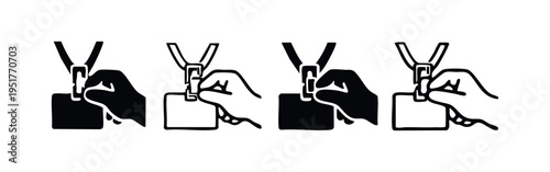 Hand Holding Identity Card with Lanyard Icon Set