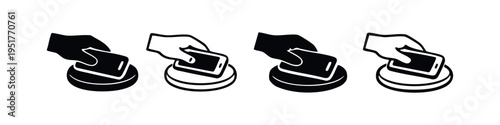 Icon set of a hand scanning a smartphone on a reader, depicting mobile payment and NFC technology.