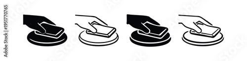 Icon set of a hand cleaning a surface with a sponge, representing hygiene, sanitation, and household chores.