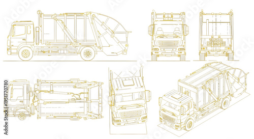 Garbage Truck AutoCAD Blueprint Vector – Waste Collection Lorry Technical Multiview Yellow Outline Drawing