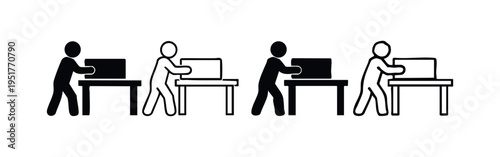 Foto Icon set of a person setting up a computer monitor on a desk, representing IT installation and office work