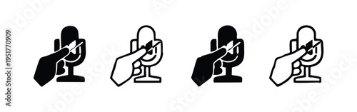 Hand Interacting with Microphone Icon Set - Voice Control and Audio Input Symbol in Solid and Outline Styles