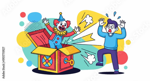 Surprised man reacts to clown jumping out of colorful jack in the box box with vibrant polka dot background and dynamic motion lines