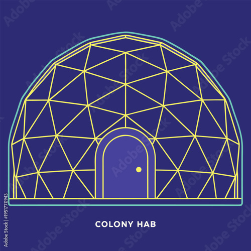 Blue and yellow geometric dome house with door