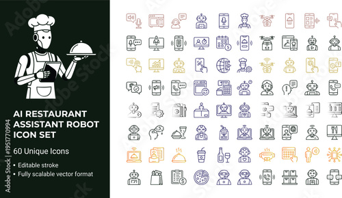 AI restaurant assistant robot icon set with smart food service automation technology symbols for mobile apps websites dashboards and digital platforms