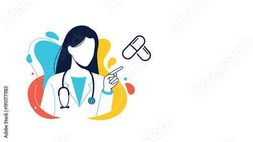Female doctor in a white lab coat with a stethoscope around her neck points towards medicine capsules in the air.