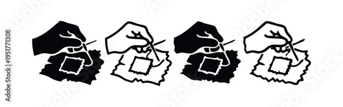 Hand Sewing with Needle and Thread Icon Set | Silhouette and Outline Vector Illustration