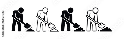 Manual Laborer Shoveling Dirt Pile Icon Set