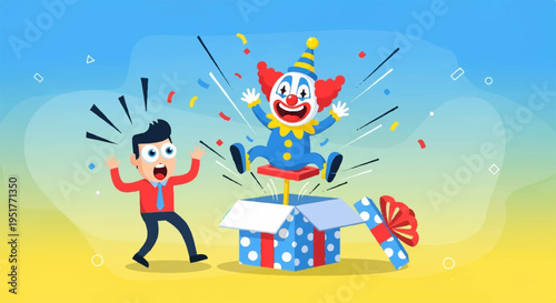 Surprised man reacts to joyful clown jumping out of colorful gift box with confetti