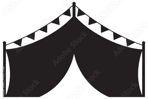 A black tent with a banner on top stands against a white background