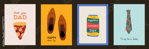 Happy father's day, set of vector postcards. Flat illustration of a cute pizza, coke, tie, shoes, food, drink elements. Portrait template in colorful background. Fun design for greeting and banner.