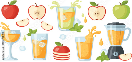 Apple Juice Illustration Set with Fresh Red and Green Apples, Sliced Fruit, Glasses, Ice Cubes and Blender, Healthy Drink Preparation Design Collection
