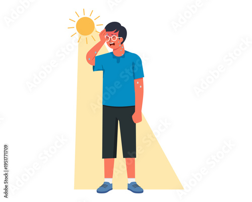 man with headache suffering from summer heat stroke Dehydrates, Feels Dizzy vector illustration