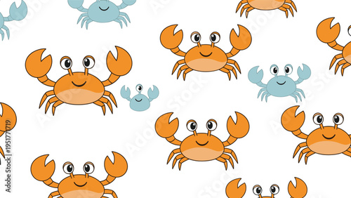 Vibrant seamless pattern features many orange and light blue cartoon crabs with large eyes on a plain white background.