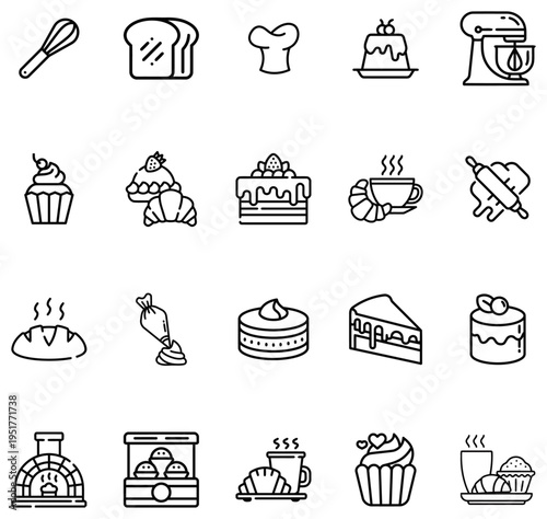 Baking and pastry set with whisk bread cake croissant mixer and oven