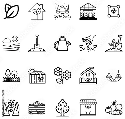 Collection of black line representing gardening farming and agriculture concepts