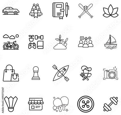 Collection of black line representing hobbies activities and a white background